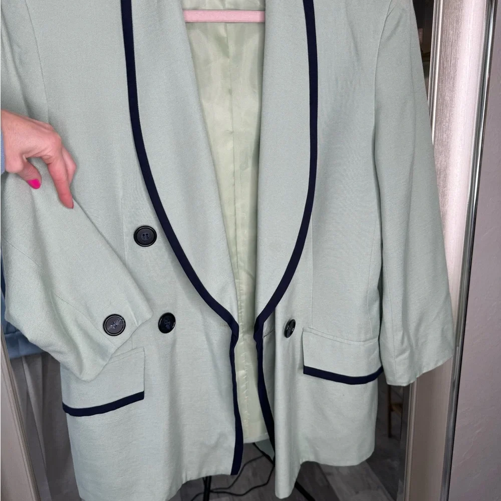 Vintage Christian Dior Mint Green Blazer w/ Navy Trim | Size 10